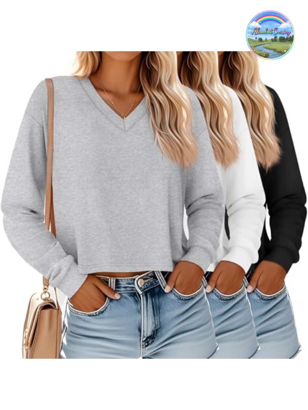 3 Pack Cropped V Neck T-Shirts Women Oversized Boxy Tee Long Sleeve Casual